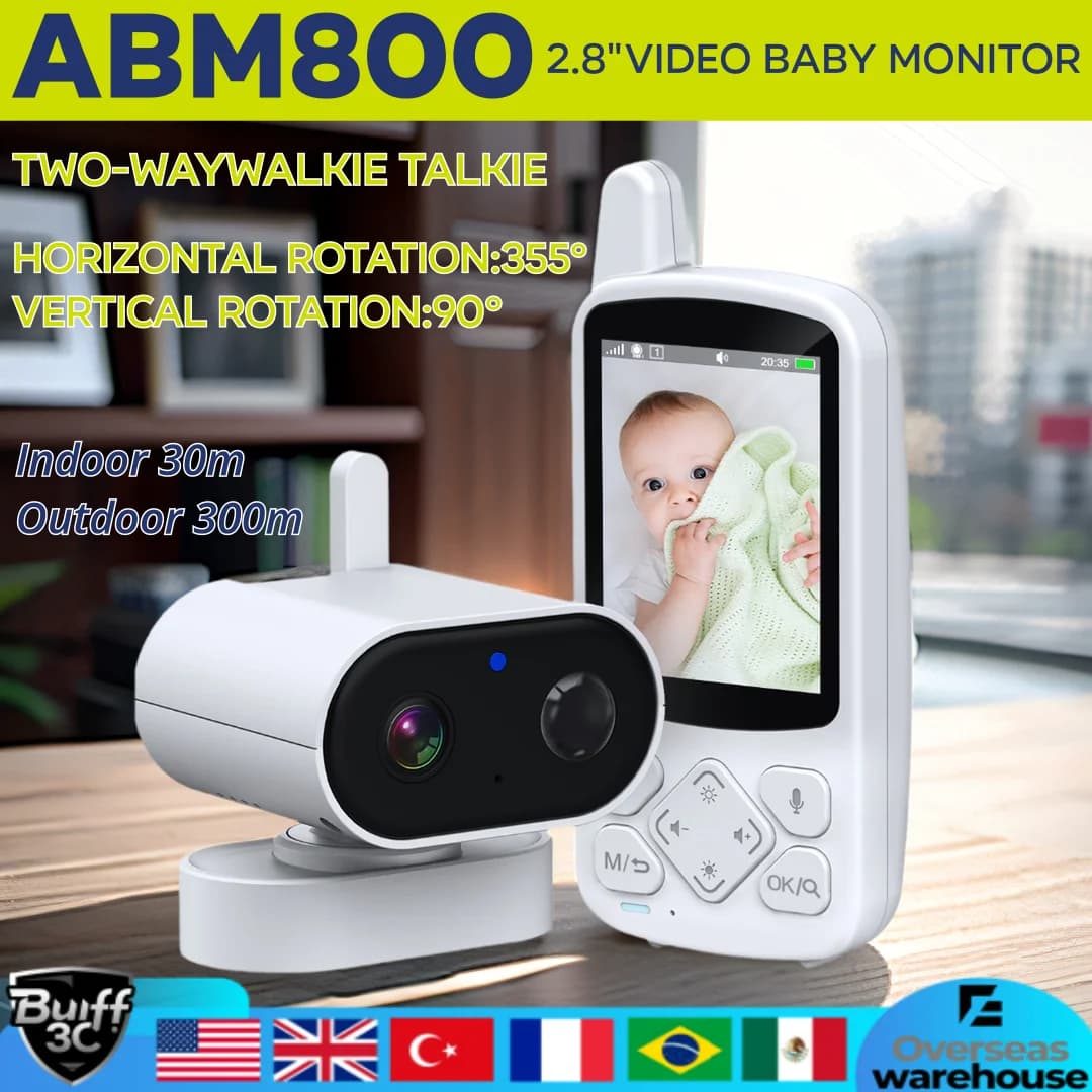 ABM800 Baby Monitor Wireless con Schermo da 2,8 Pollici, Video in Tempo Reale, Canzoni Nanna, Comunicazione Bidirezionale e Allarme Temperatura