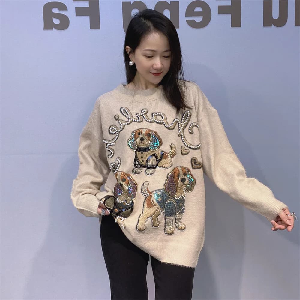 Maglione casual oversize da donna Abiti vintage Cartoon Perline Paillettes Ricamo Pullover a maniche lunghe Maglieria Felpa ampia