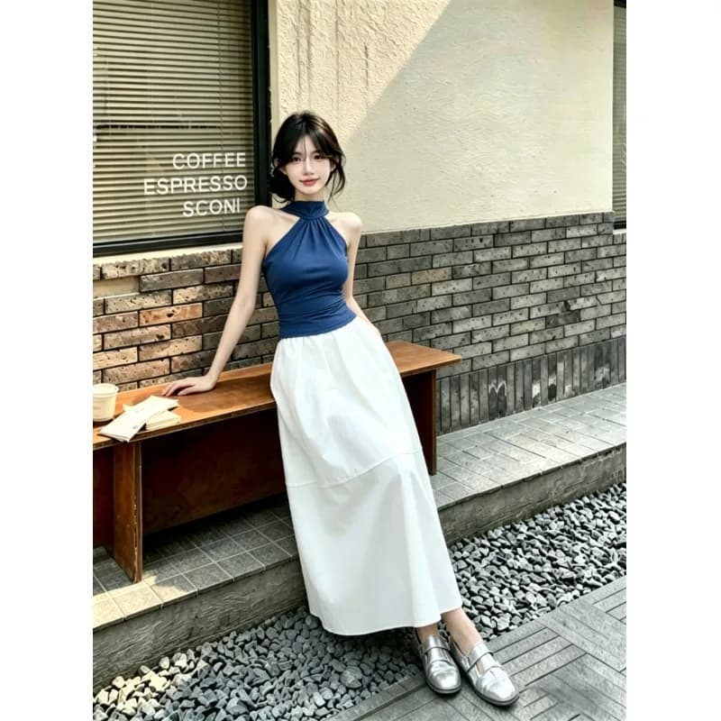 Elegante Completo Estivo Nuovo Stile: Gonna Semi-Aderente e Blusa con Cintura e Design Laterale sul Collo in Bianco Puro Moonlight da Donna