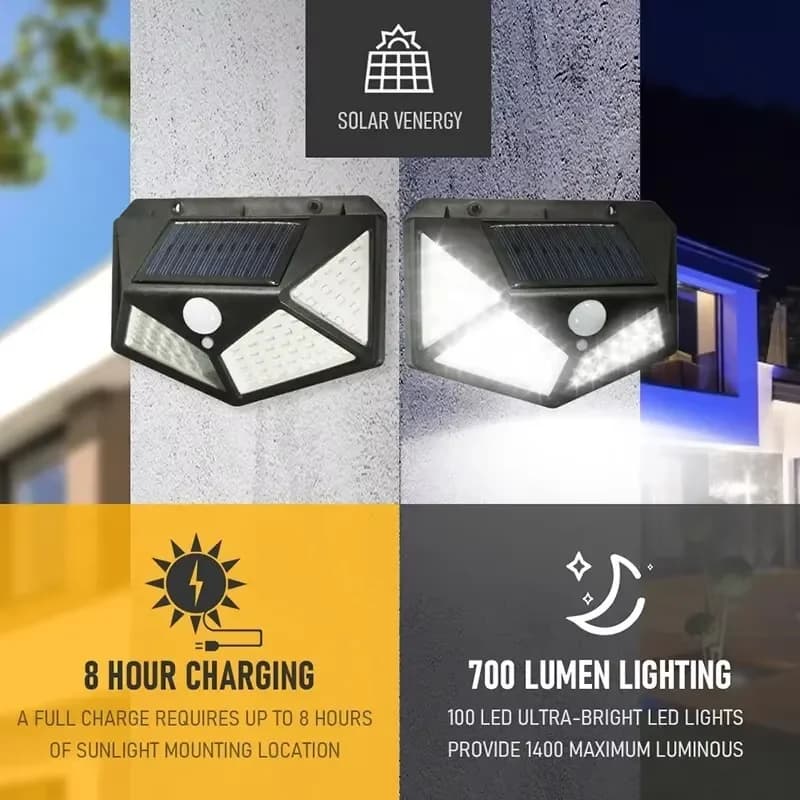 Solar Powered 100 LED Motion Sensor Wall Light, Waterproof Outdoor Security Lamp for Garden, Fence, Yard, Pathway Decoration