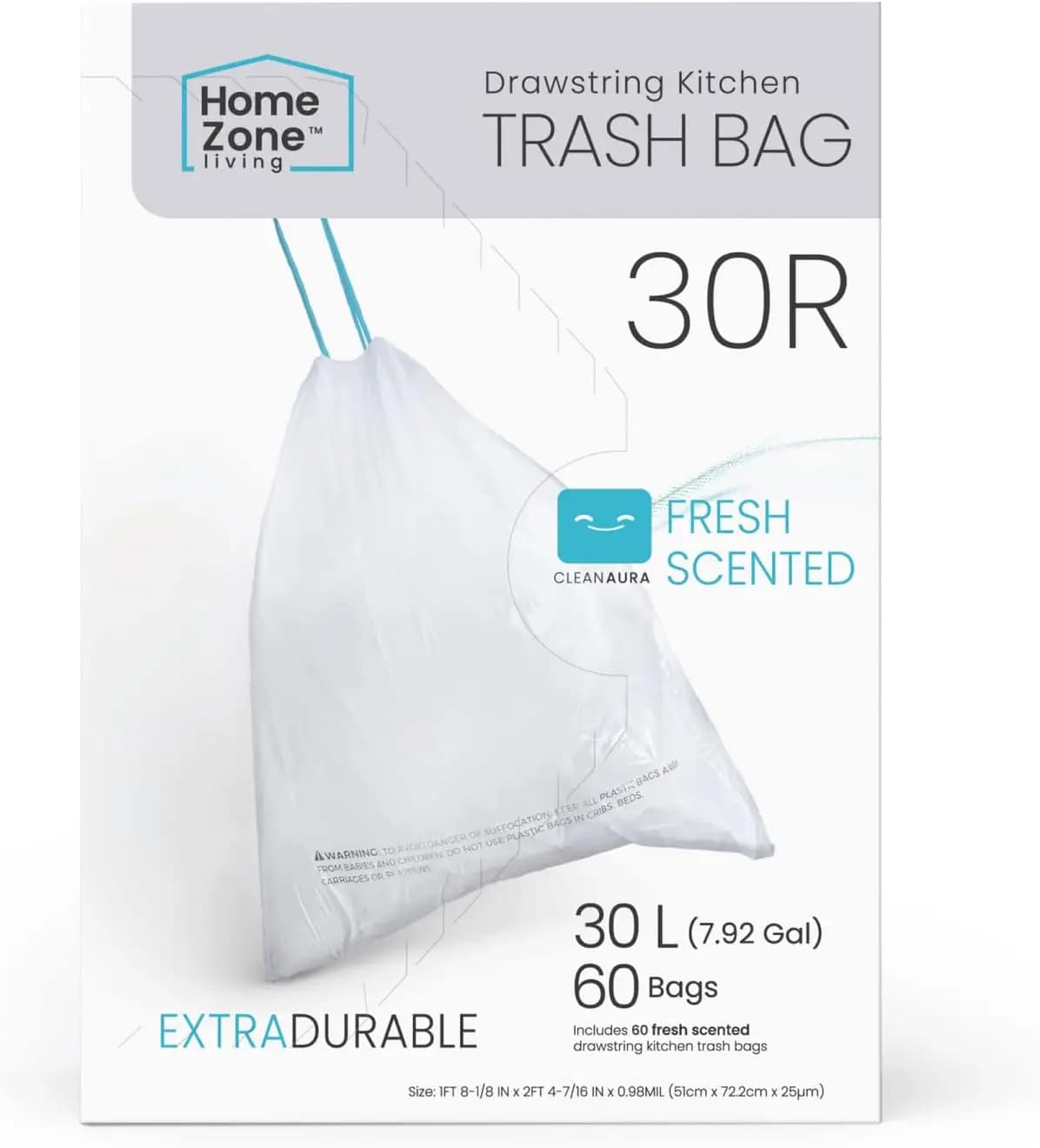 60-Count 8 Gallon Drawstring Trash Bags, Heavy Duty Kitchen Trash Can Liners for 30 Liter Dual Recycling Bins, Leak Proof Strong Garbage Bags