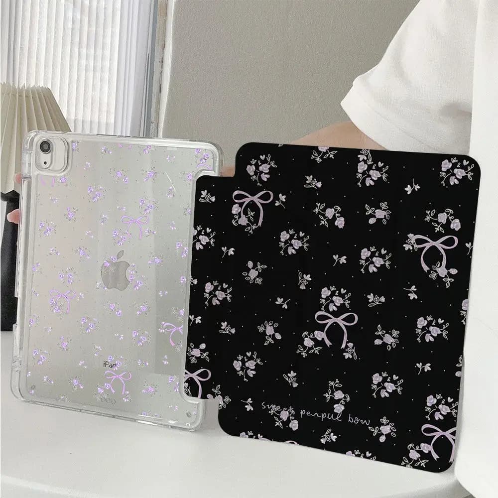 Custodia Minimalista Floreale Viola per iPad Air 7 6 Pro 11 10 9 e Mini 7 (10.9" 10.2") con Cover Anti-Piegatura a Y e Slot per Matita