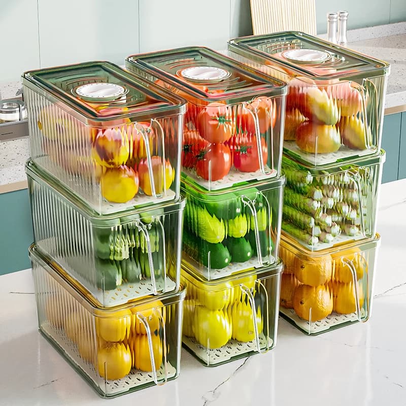 Contenitore impilabile per frigorifero con coperchio, adatto per conservare pane, alimenti, verdure e frutta, contenitore organizer con maniglia