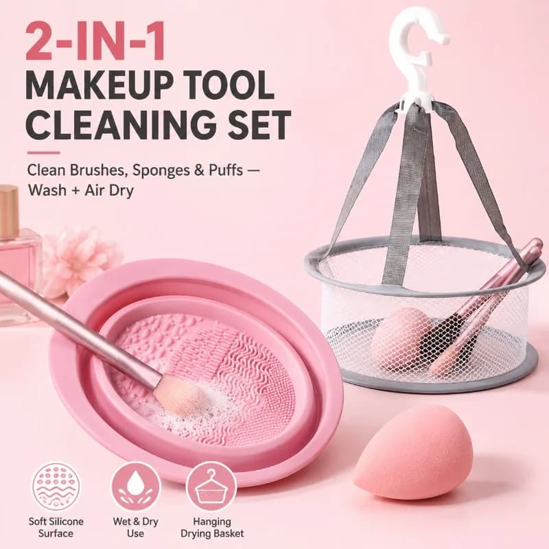 2-in-1 Silicone Makeup Brush Cleaner Bowl with Drying Basket, Foldable Beauty Sponge Puff Washing Pad for Travel Makeup Tools