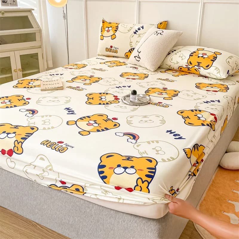 1 sheet with tiger corners cartoon, elastic cotton with deep pocket with cute animal print, funny bed linen for children's bedroom decor