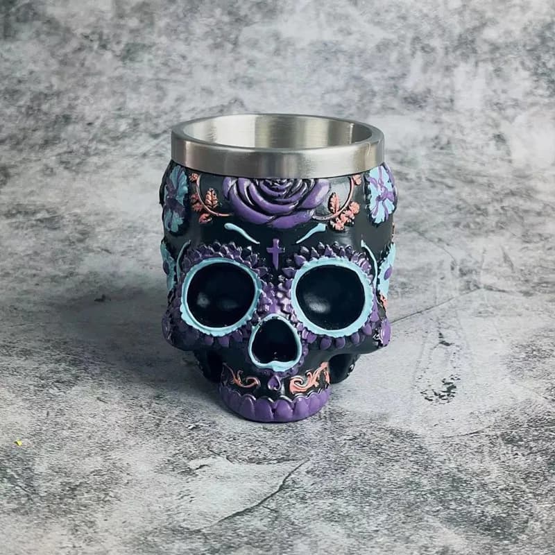 Bicchiere da liquore con teschio viola vintage americano, vetro creativo con barra in acciaio inossidabile con testa di fantasma di Halloween, realizzato a mano.