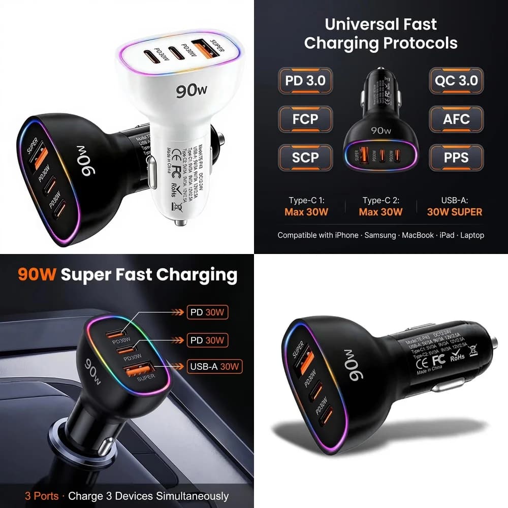 90W Car Charger Multi Port Dual PD 30W Type C USB A 30W Super Fast Charging Adapter for Laptop Phone MacBook PPS QC3.0 RGB LED