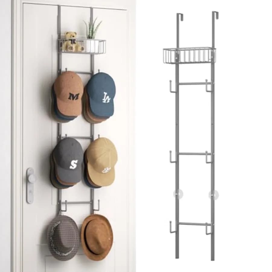 Portacappelli da Appendere Sopra la Porta - Confezione da 2 Supporti da Parete con 6 Ganci e Design a Cesto in Metallo, Organizzatore per Cappellini da Baseball
