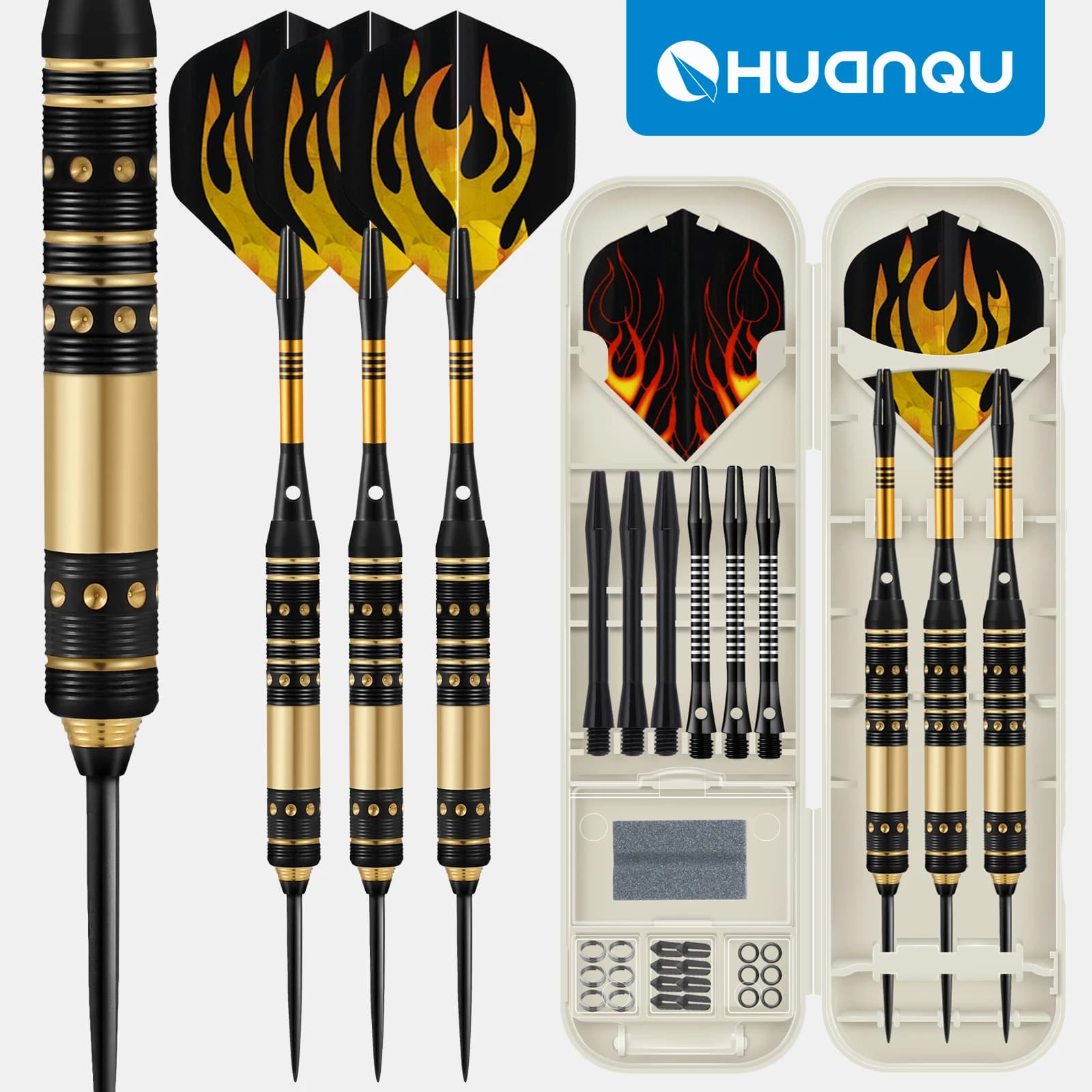 HUANQU 3Pcs 19g Metal Steel Tip Darts Set Flame PET Flights Aluminum & Plastic Shafts O-Rings Sharpener Case Professional Kit