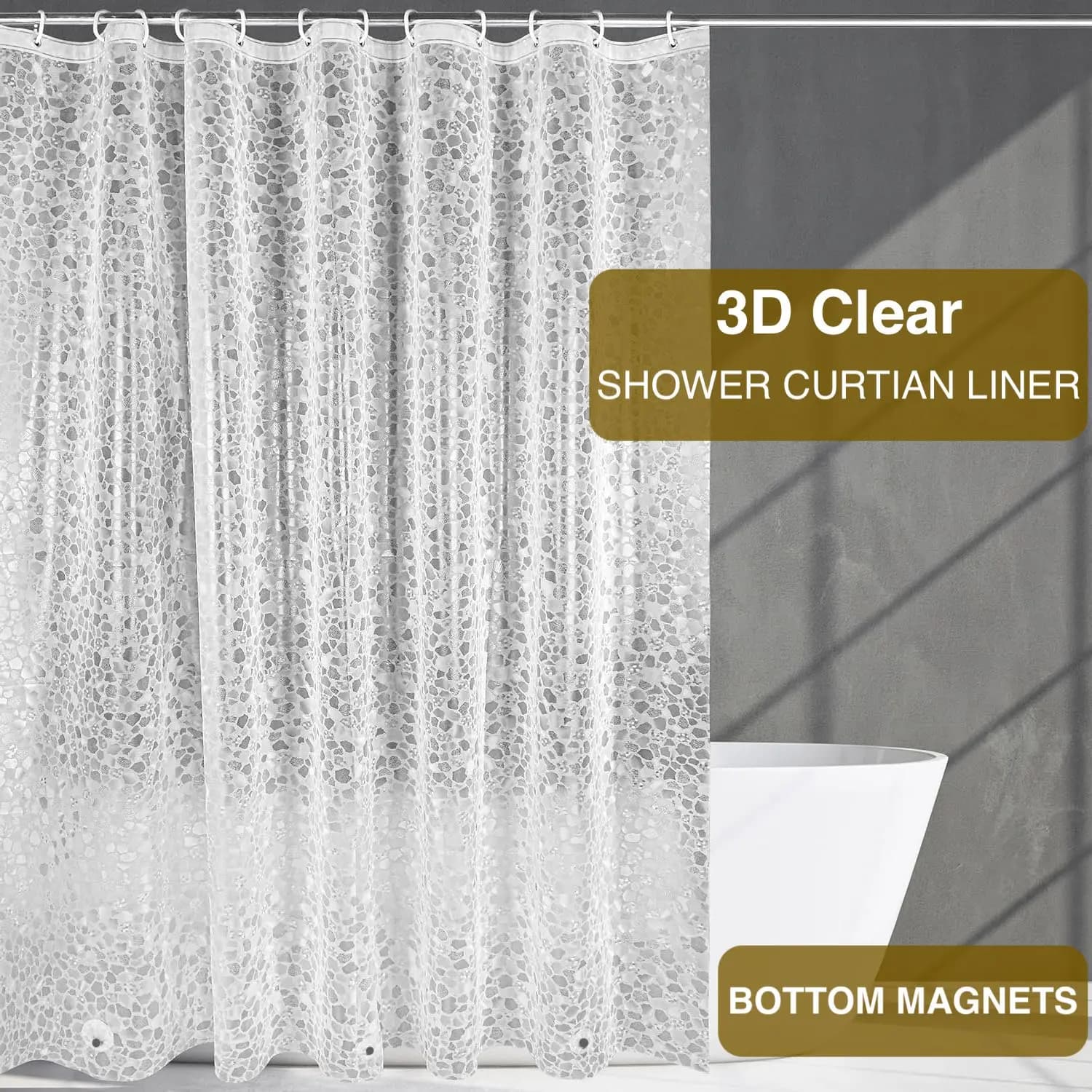 Fodera per tenda da doccia da bagno 1 pezzo con magneti inferiori, tende da doccia in plastica con ciottoli smerigliati 3D, fodera per doccia resistente
