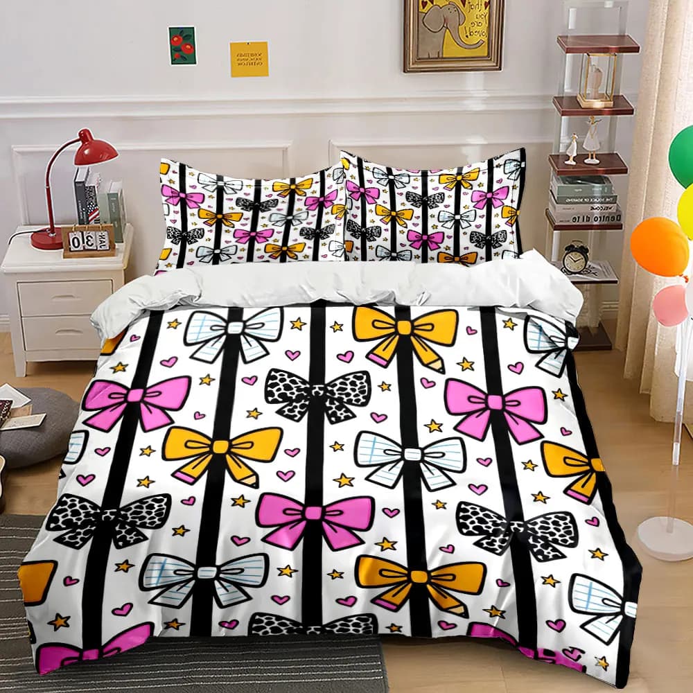 Cartoon Bow Bedding Set Cute Hand Drawn Ribbon, Heart &Star Print Duvet Cover Pillow Black Stripe Background Bed Linen for Kids