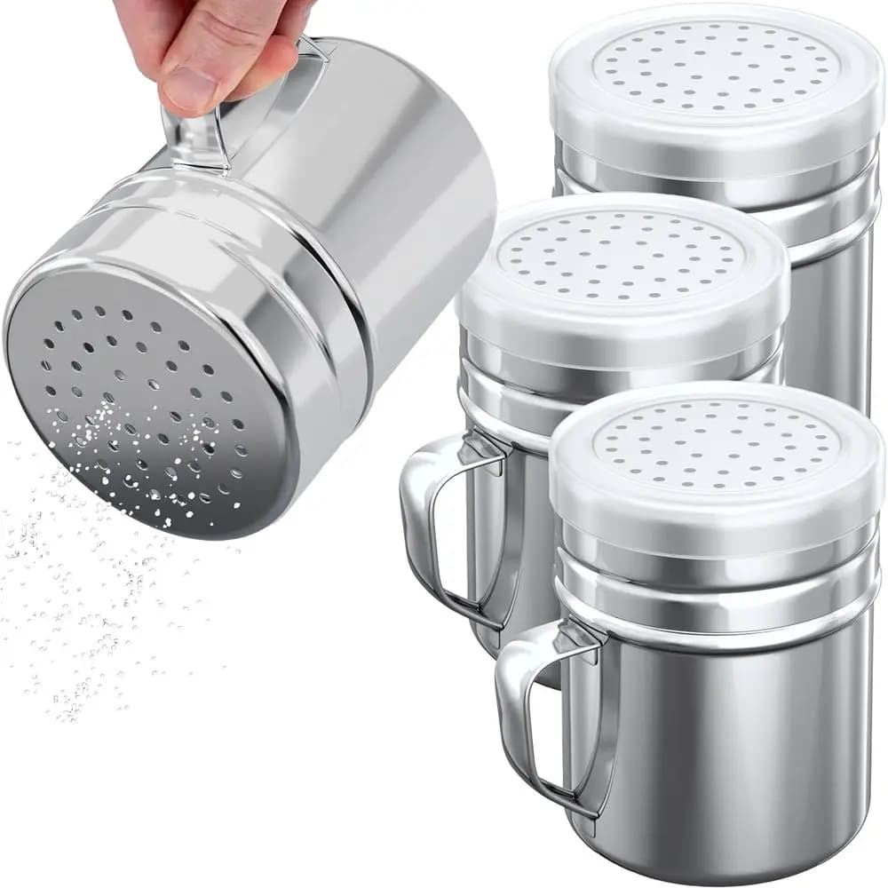 Set of 4 Stainless Steel Salt and Pepper Shakers with Plastic Tops and Handles