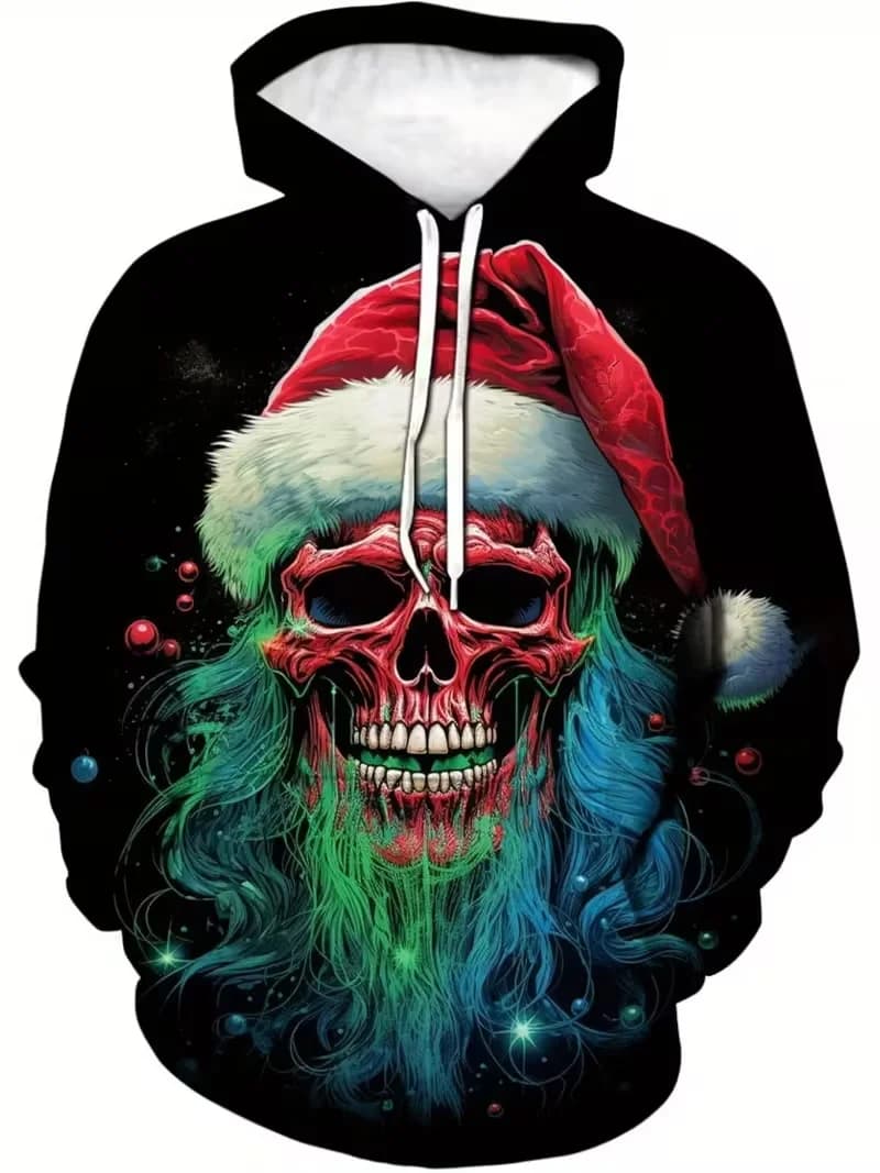 Felpa con cappuccio grafica natalizia con stampa completa di Babbo Natale per uomo Donna Pullover Felpe oversize Felpa con cappuccio con teschio di Babbo Natale