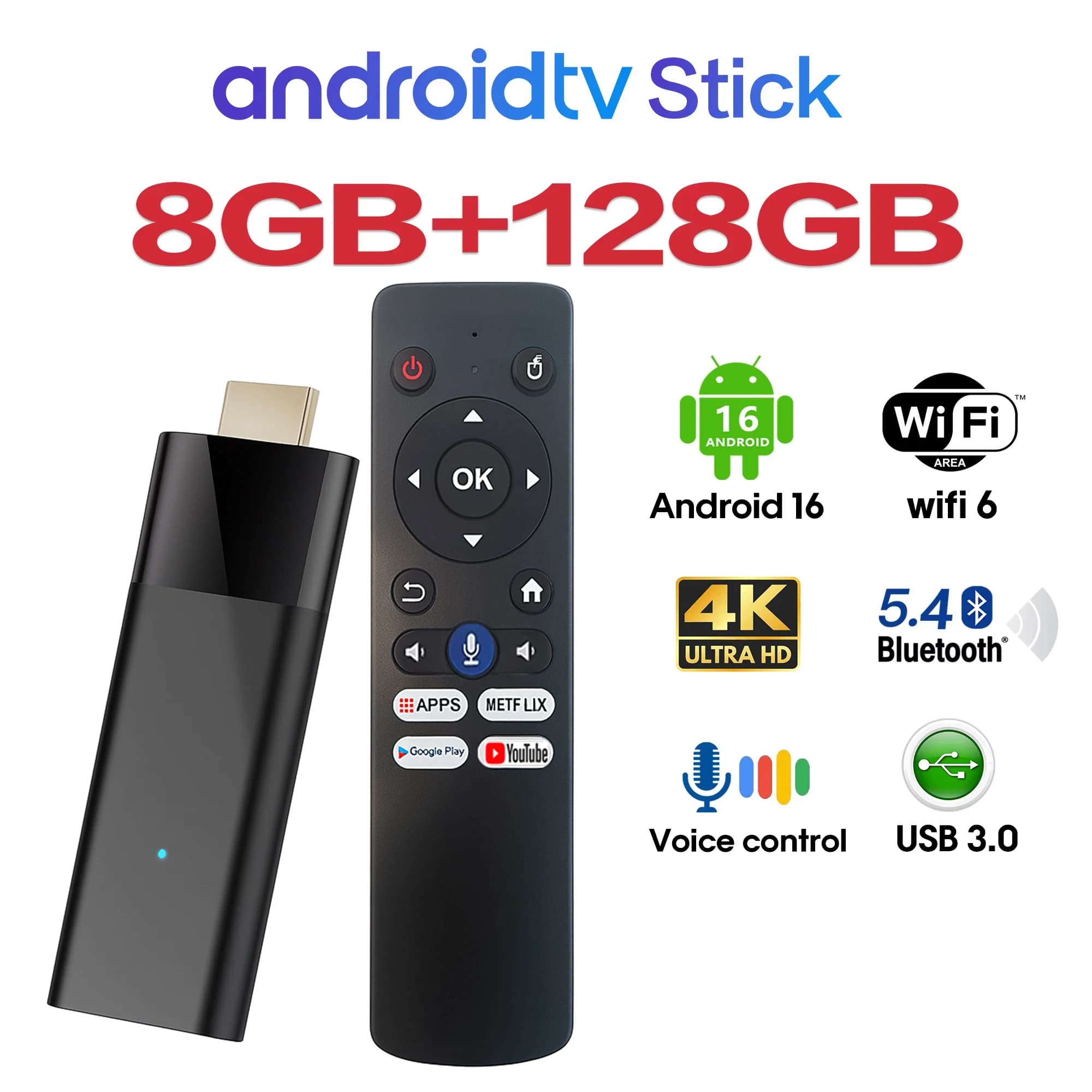 Dongle TV Android 16 4K Smart TV Stick WiFi HDMI Lettore Multimediale in Streaming con Telecomando Vocale Supporto Netflix YouTube Google Play