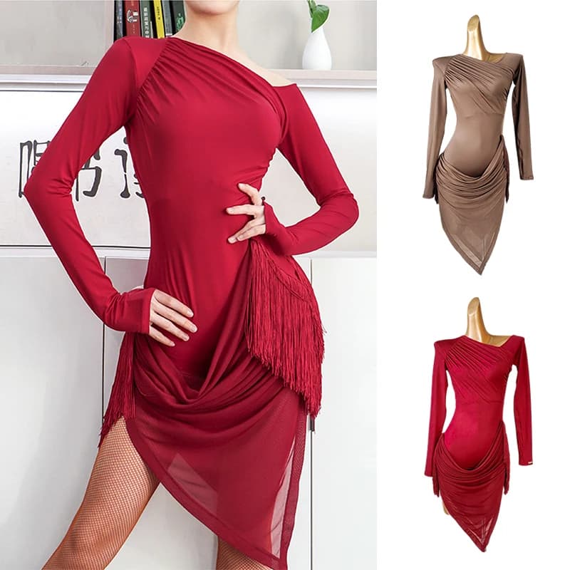 2025 Vestito da ballo latino con frange Donna Abiti da allenamento per danza rossa Abiti a maniche lunghe in rete Cha Cha Rumba Salsa Practice Wear 2439