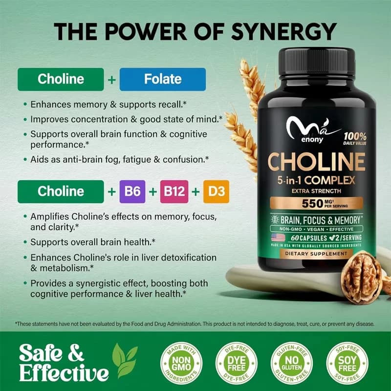 Colina supplement 550mg - Complex 5-in-1 Folic Acid, Vitamin D3, B6 and B12 - Vegetarian, Non GMO - 60 Capsules