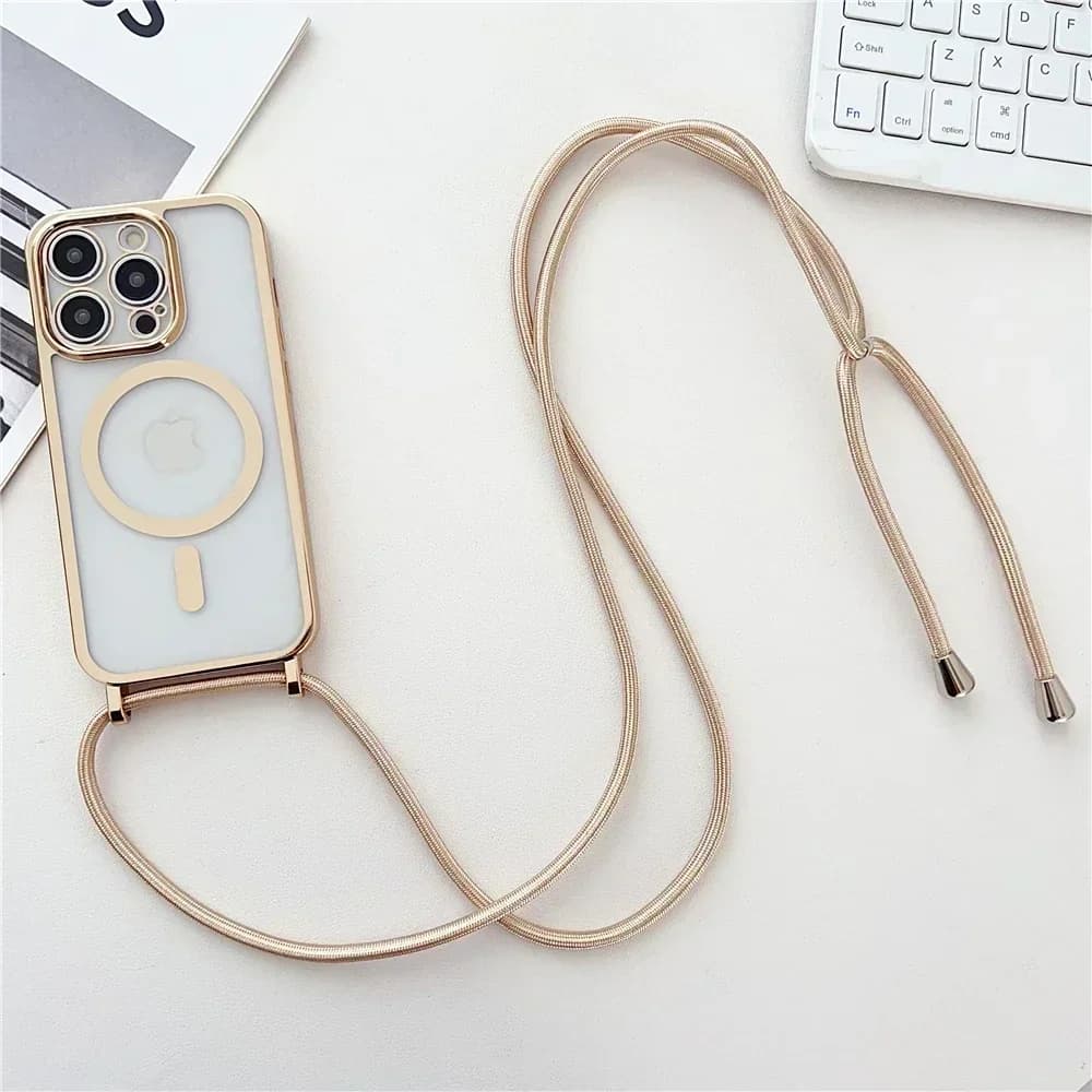 Custodia trasparente per telefono con cordino a tracolla e placcatura, compatibile con iPhone 17 Air 16E 16 15 14 13 12 Pro Max, con funzione magnetica MagSafe e cordino a collana
