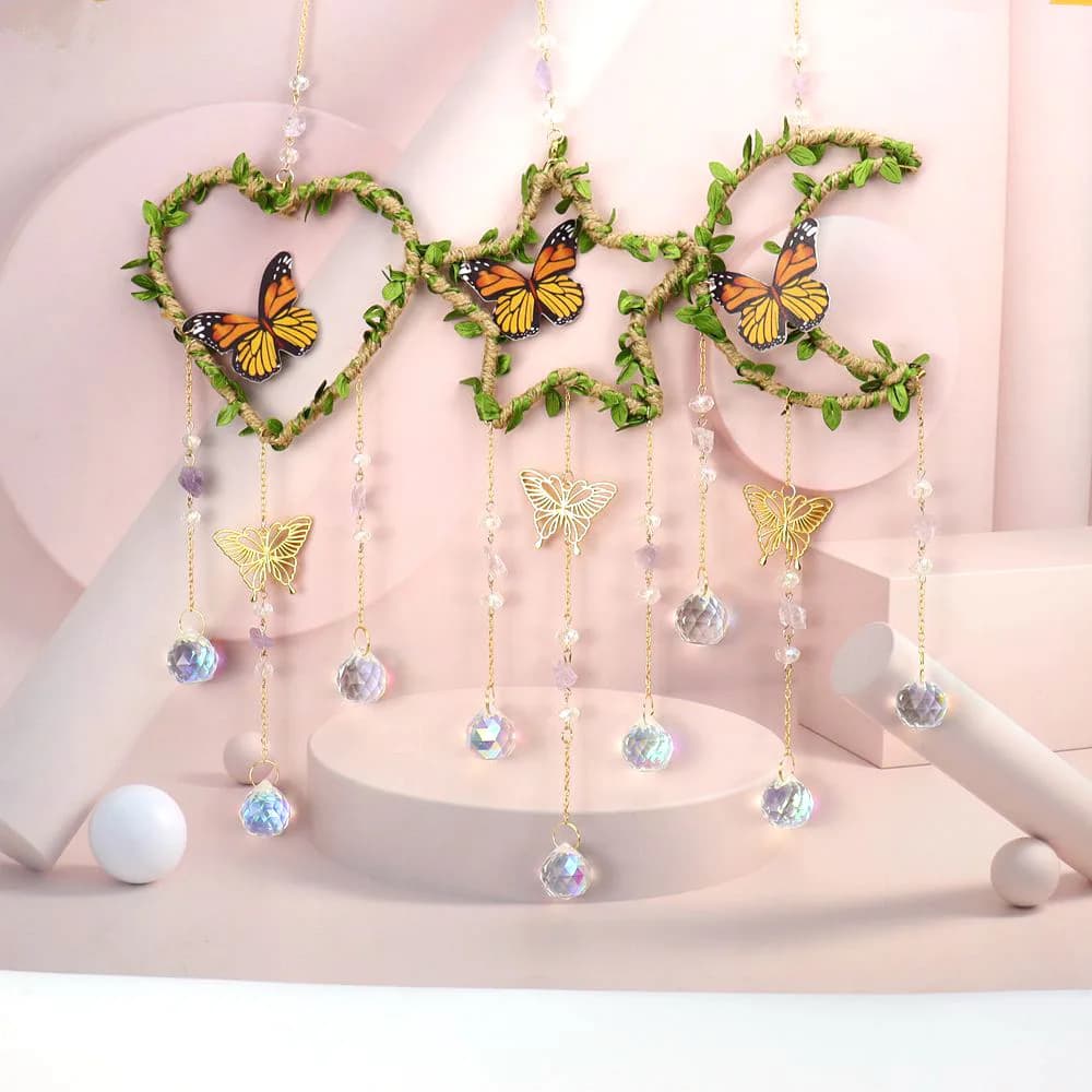 Butterfly Crystal Suncatcher Wind Chime Handmade Green Leaf Dream Catcher for Home Window Wall Decor Aesthetic Room Ornament