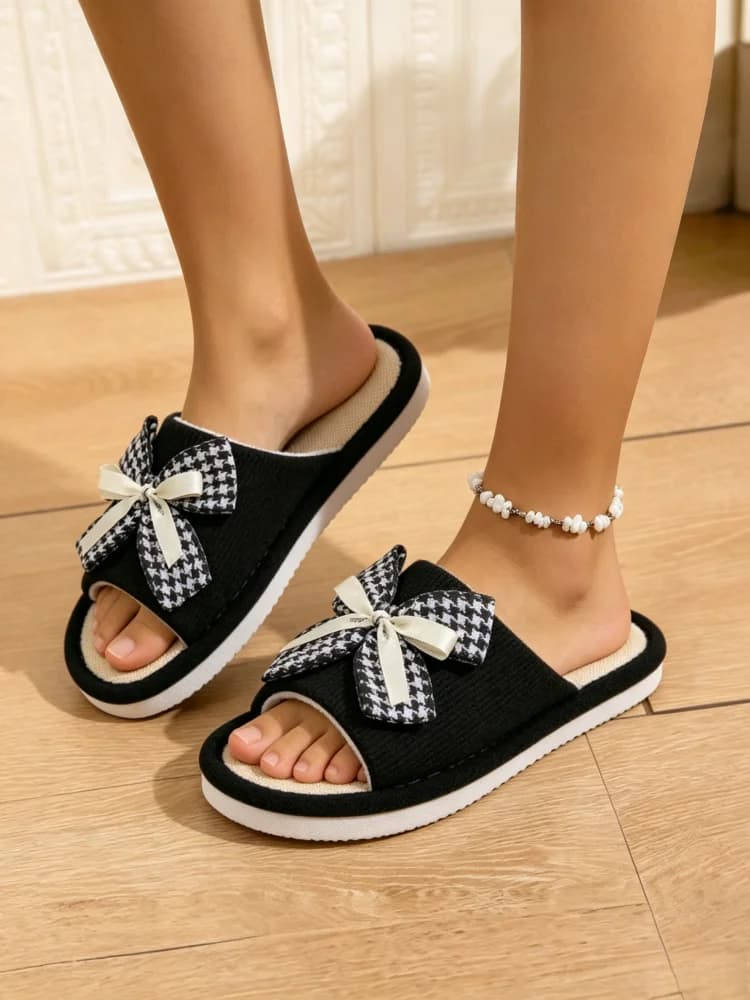 Ladies Bow Decor Linen Slippers with Houndstooth Accent | Soft Knit Upper, Anti-slip & Lightweight | All Season Trendy Indoor We