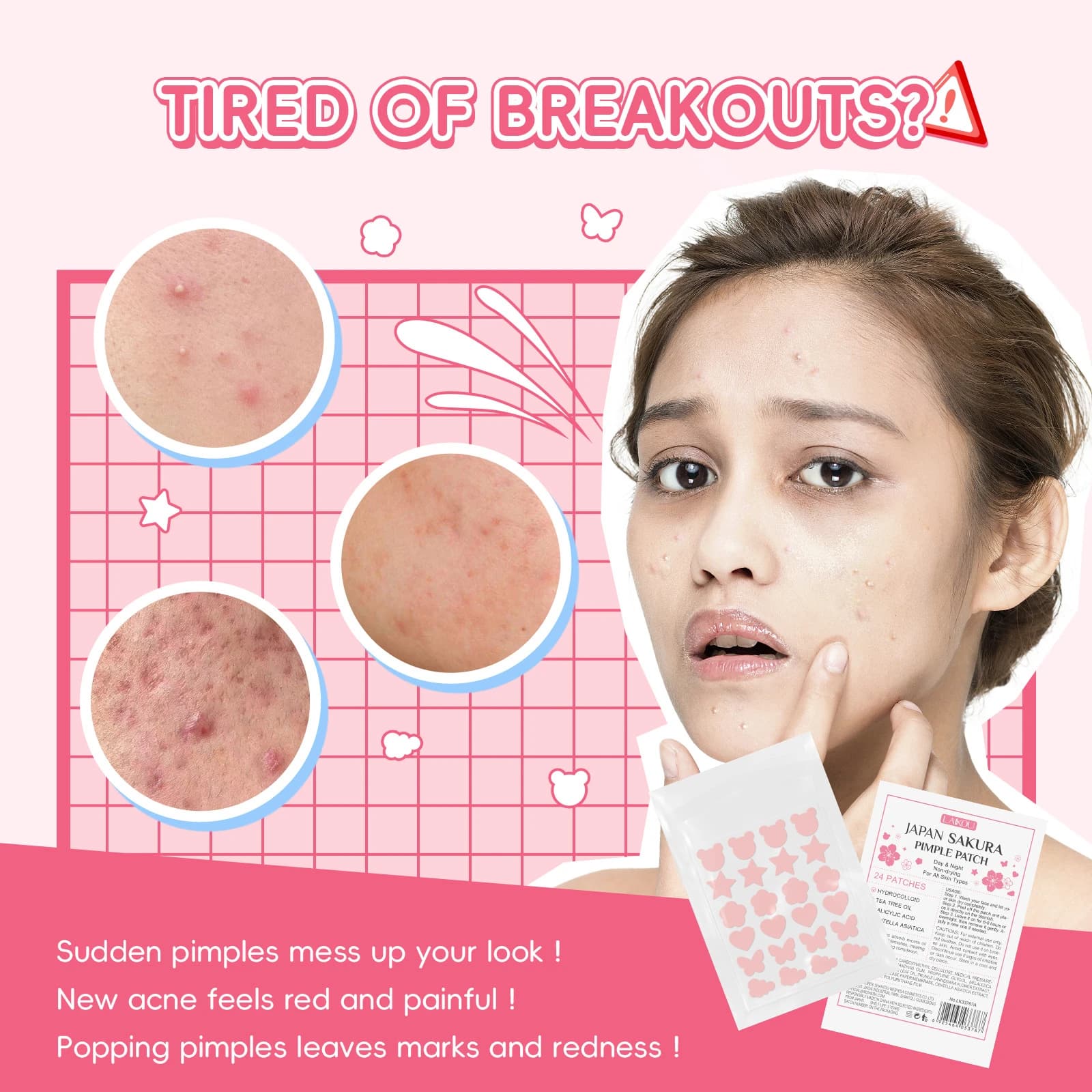 LAIKOU Cerotti Giapponesi alla Sakura per l'Acne, Adesivi Idrocolloidali per Brufoli sul Viso, Copertura Invisibile per Imperfezioni, 72 Cerotti