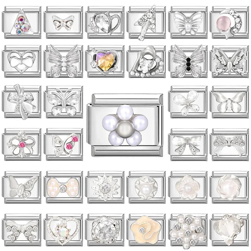 1 Pezzo Charm Italiano Y2K con Fiocco, Farfalla e Cuore Lucido per Donna e Uomo, Compatibile con Bracciali da 9mm, in Acciaio Inossidabile, per Creazione Gioielli Fai da Te, Regalo