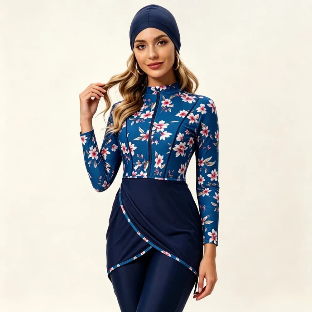 2026 New 3 Pcs Muslim Burkini Swimsuit Women Print Long Sleeve Zip Front Leggings Skirt Hijab Conservative Islamic Bathing Suit
