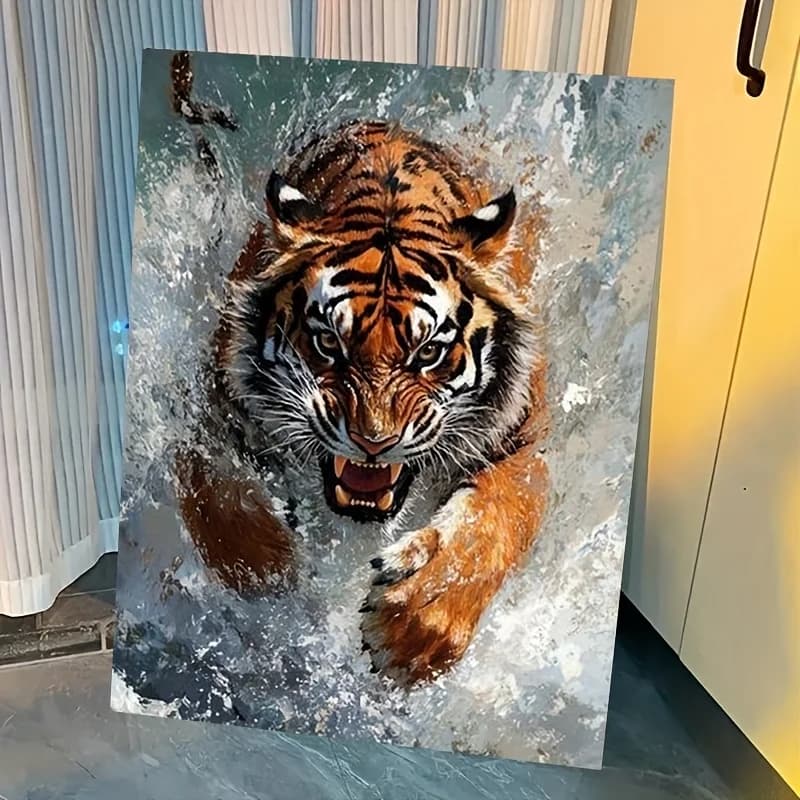1pc frameless (Professional Art Use) 1 Set "The Roaring Tiger in Water" Digital Oil Painting Kit Art Gift, Paint by Numbers (req