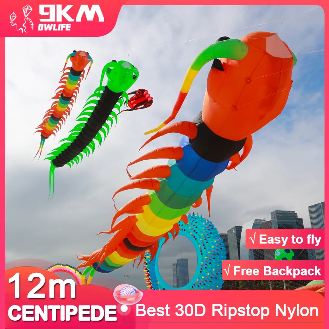 9KM 12m Centipede-shaped kit for Adults, Soft, Inflatable, High Quality, for Open Shows, Animal Theme kits, Pendant kites (We accept wholesale)