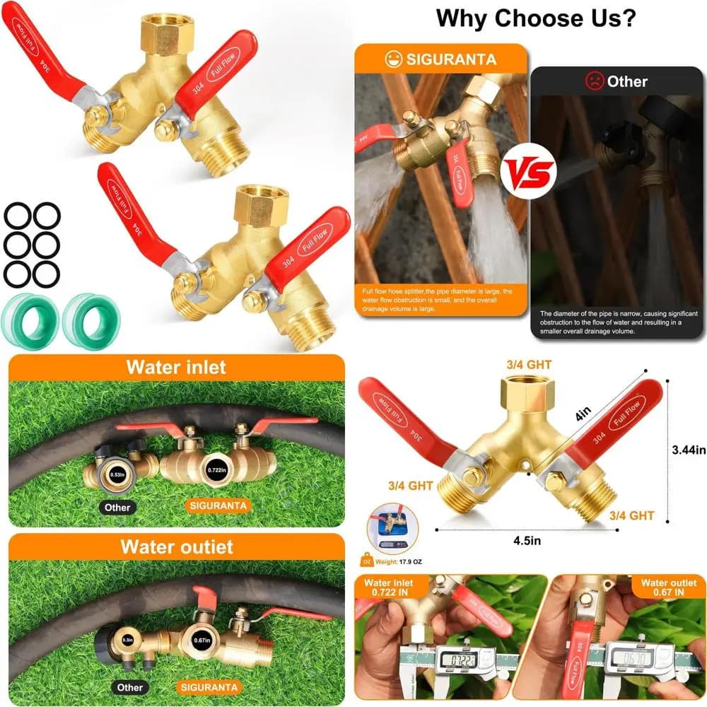 2-way full flow flexible pipe diverter in durable brass, Y valve connector for outdoor gardening high flow (package 2)