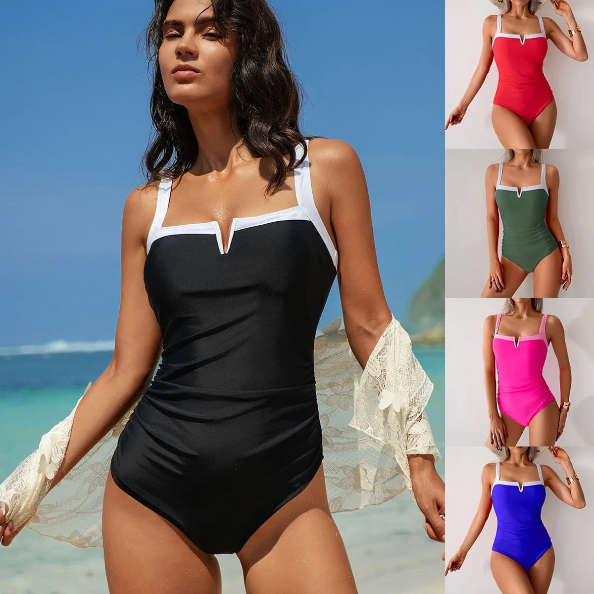 Costume da bagno intero da donna senza maniche con scollo a V, vita arricciata, spalline sottili e taglio alto sulle gambe, nero e rosso