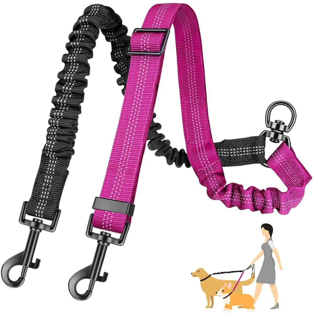 Dual Dog Leash Attachment - Double Leashes for Training Small to Large Dogs Adjustable Strap, Shock Absorbing Bungee.