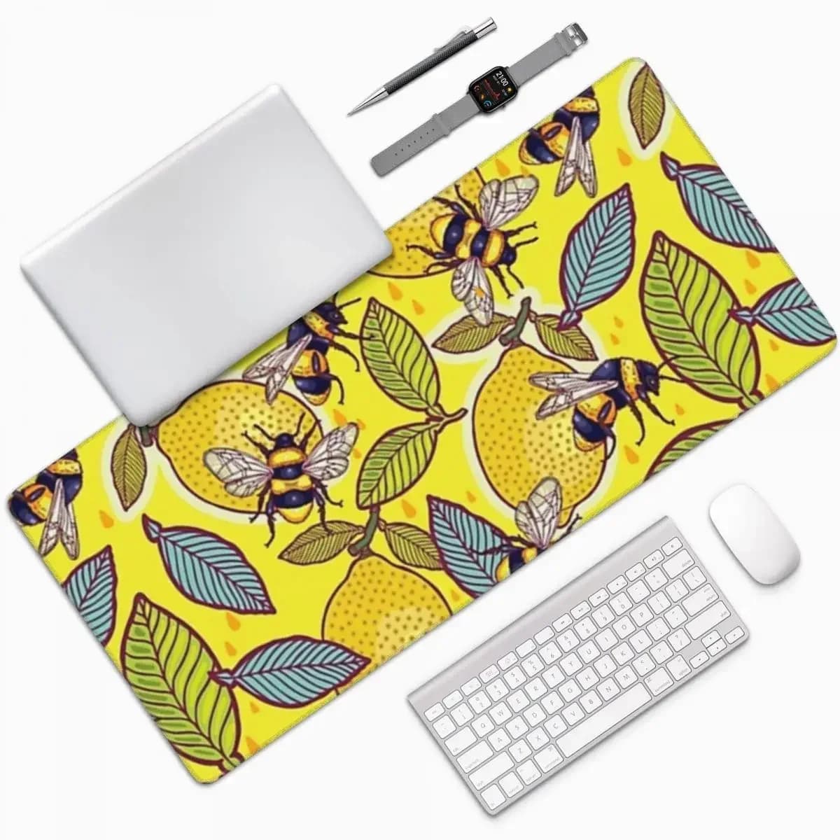 Tappetino per mouse grande giallo limone e ape da giardino, tastiera per computer, tappetino per mouse, PC da gioco, laptop, scrivania, accessori per ufficio, tappetini da tavolo