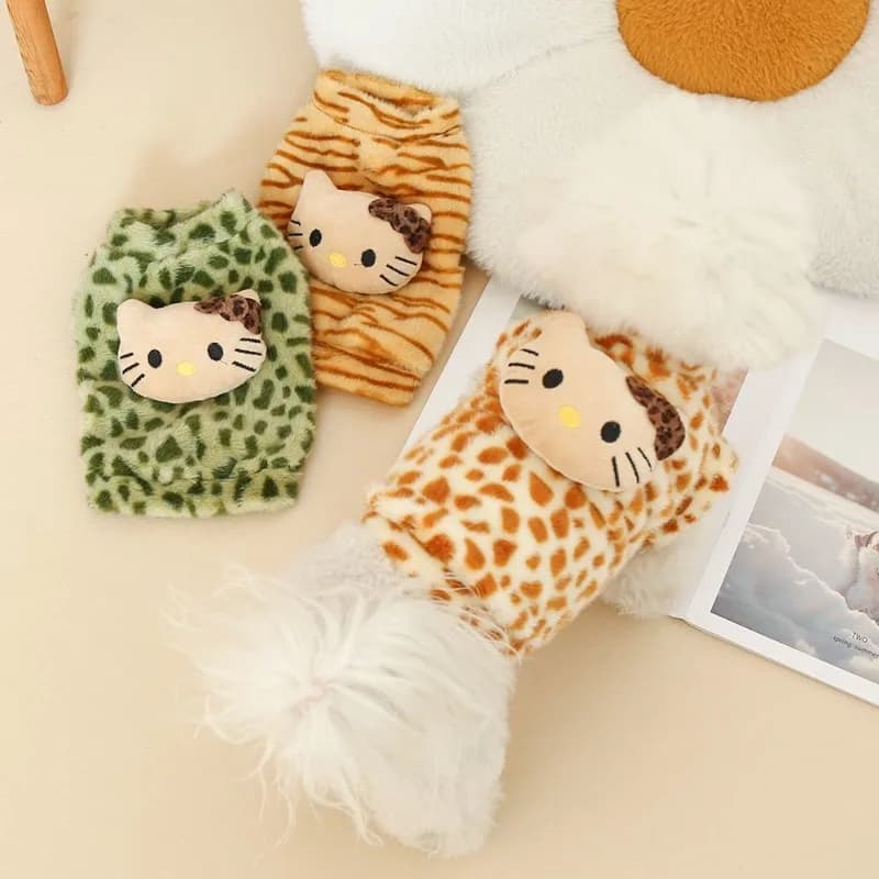 Felpa con Cappuccio per Animali Domestici Sanrio Hello Kitty, Pullover Caldo con Stampa Leopardata per Cani e Gatti, Vestiti Invernali Carini con Maniche a Righe