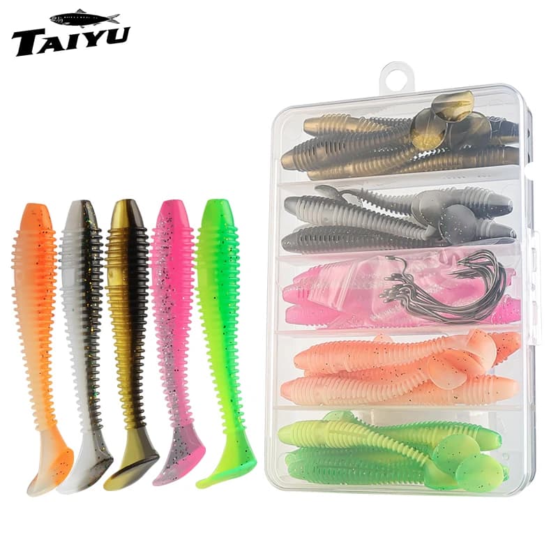 TAIYU 25/35pcs/Set Soft Fishing Lure Set Plastic T-Tail Soft Worm Swimbait Jigging Wobbler Fishing Lures For Bass Trouts