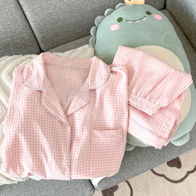 Summer New Women's Short-Sleeve and Shorts Pajama Set, Two Pieces, Loose, Comfortable, Breathable, Sweet Plaid Homewear for Girl