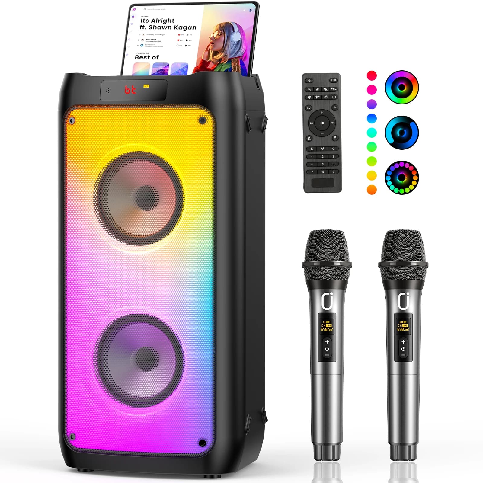 Macchina per karaoke con 2 microfoni wireless, altoparlante Bluetooth portatile per adulti e bambini, sistema PA Big Party con luci da discoteca