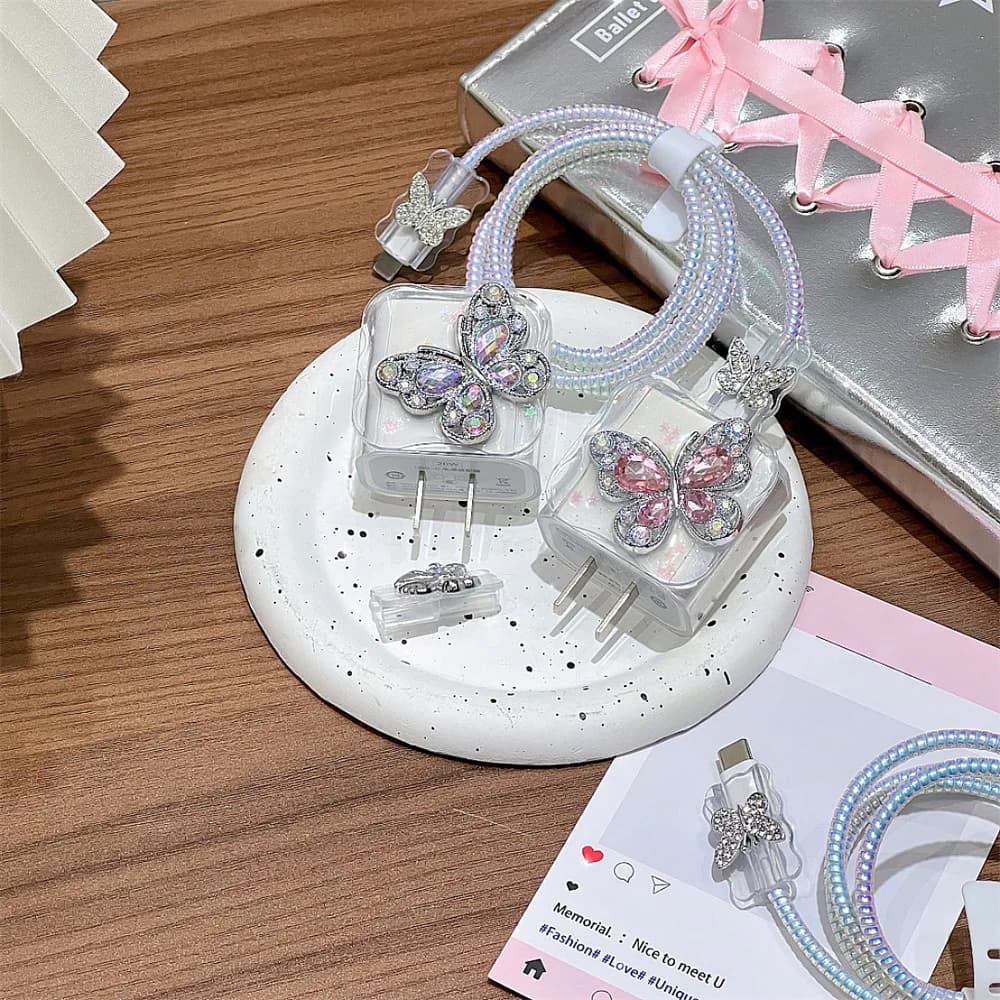 Silver Butterfly Charger Case for iPhone 17 16 15 18W 20W US quick charging head cover cable protective organizer power adapter