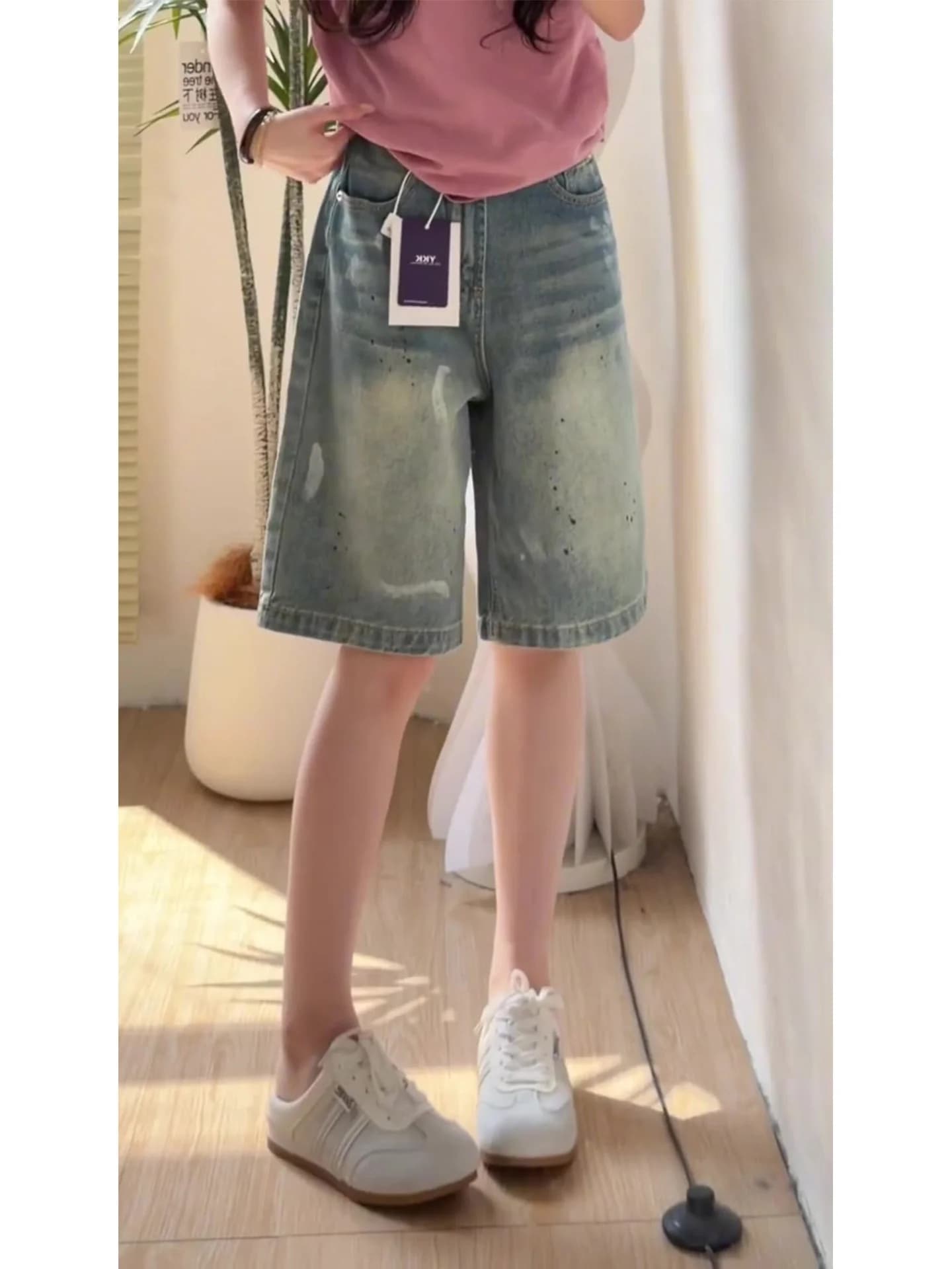 American Style Vintage Washed Distressed Dyeing Wide Leg Five-Point Denim Jeans Women's Summer New Style Loose Fit Pants