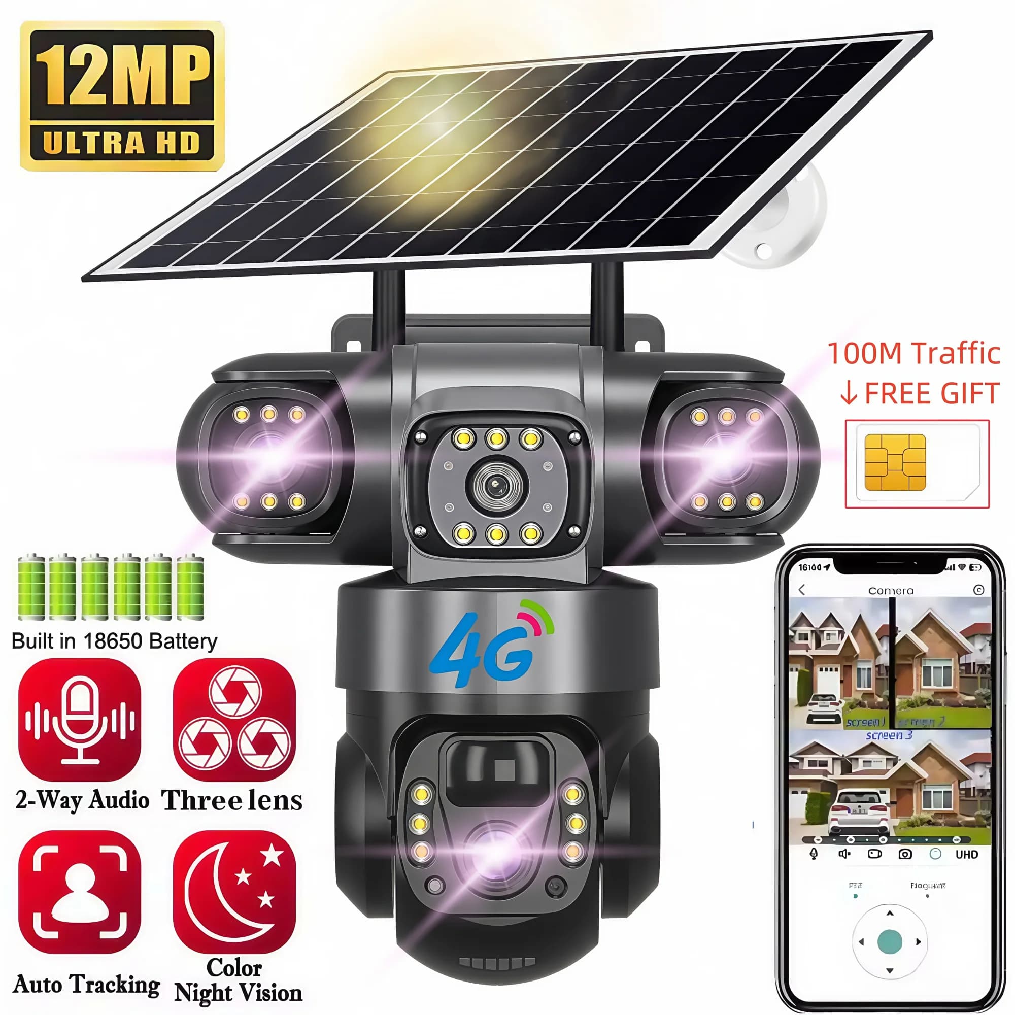 Telecamera solare 4G con scheda SIM 12MP 6K Tre obiettivi Monitor a tre schermi Visione notturna Protezione di sicurezza Video sorveglianza PTZ