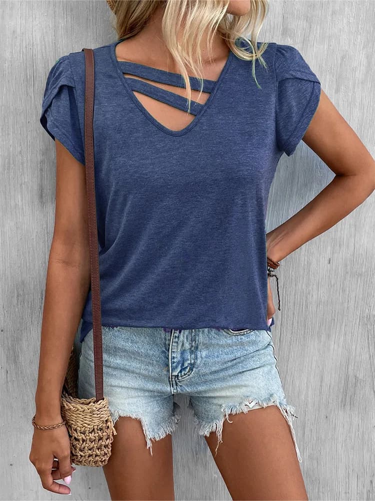 T-shirt casual estiva da donna in tinta unita con petalo a maniche corte con scollo a V chic