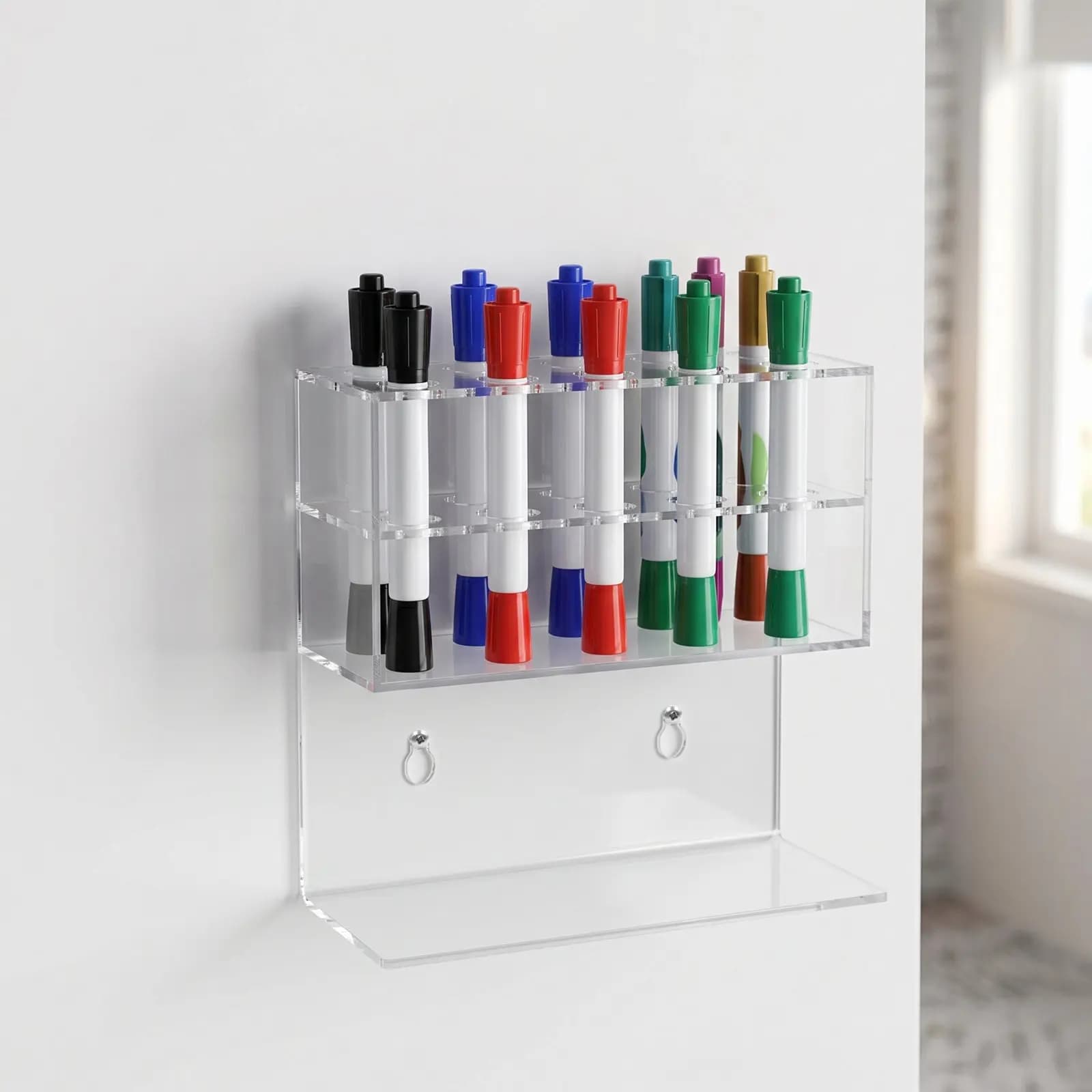 Wall Mounted Clear Acrylic Pen Holder Dual Layer Design for Pens Markers Crayons Erasers Paint Brushes Dry Erase Tools Office