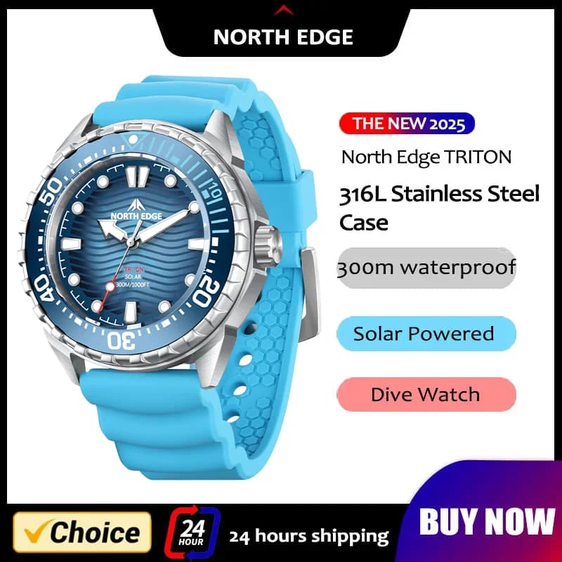 NORTH EDGE 2026 New TRITON Underwater Watch for Men, Luxury Quartz Watches, 316L Stainless Steel Case, Waterproof 300M