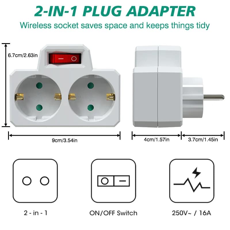 Adattatore da Viaggio Bianco con Spina Tedesca EU, Interruttore On/Off, Doppia Presa 2 Pin 4.8mm, 16A 250V 3500W, Presa a Muro Estesa