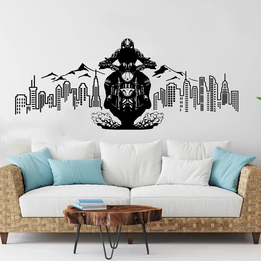 City Skyline Moto Avventura Adesivo da parete Decal Mountain Biker Equitazione Sport Paesaggio urbano Camera dei bambini Camera da letto