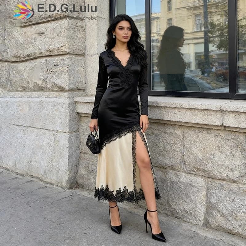 EDGLuLu Nuovo Abito da Festa con Scollo a V e Maniche Lunghe, Sexy con Spacco Laterale, Inserti in Pizzo, Contrasto di Colori Irregolare, Elegante Vestito Lungo0505