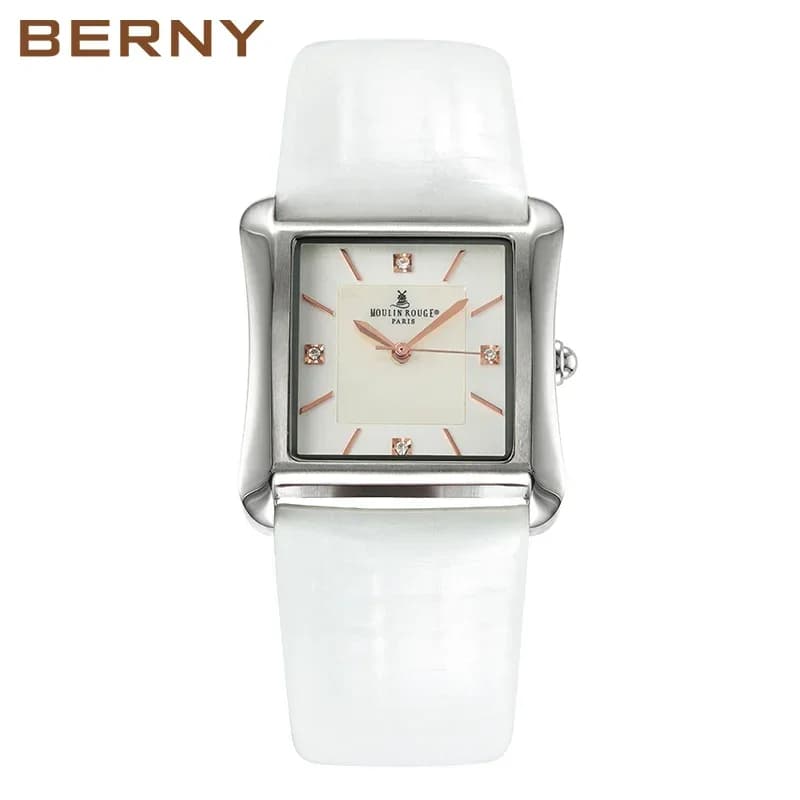 BERNY cinturino in vera pelle quadrato orologio al quarzo da donna orologio da polso da donna quadrante con pietra preziosa impermeabile modello a conchiglia
