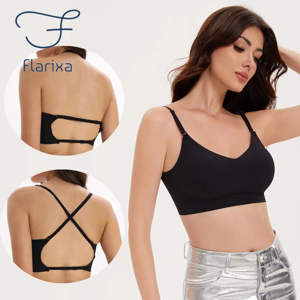 Flarixa reggiseno senza cuciture con schiena bassa supporto Multiway Wireless Backless Halter imbottito Bralette cinghie di sollevamento reggiseni convertibili a forma di U