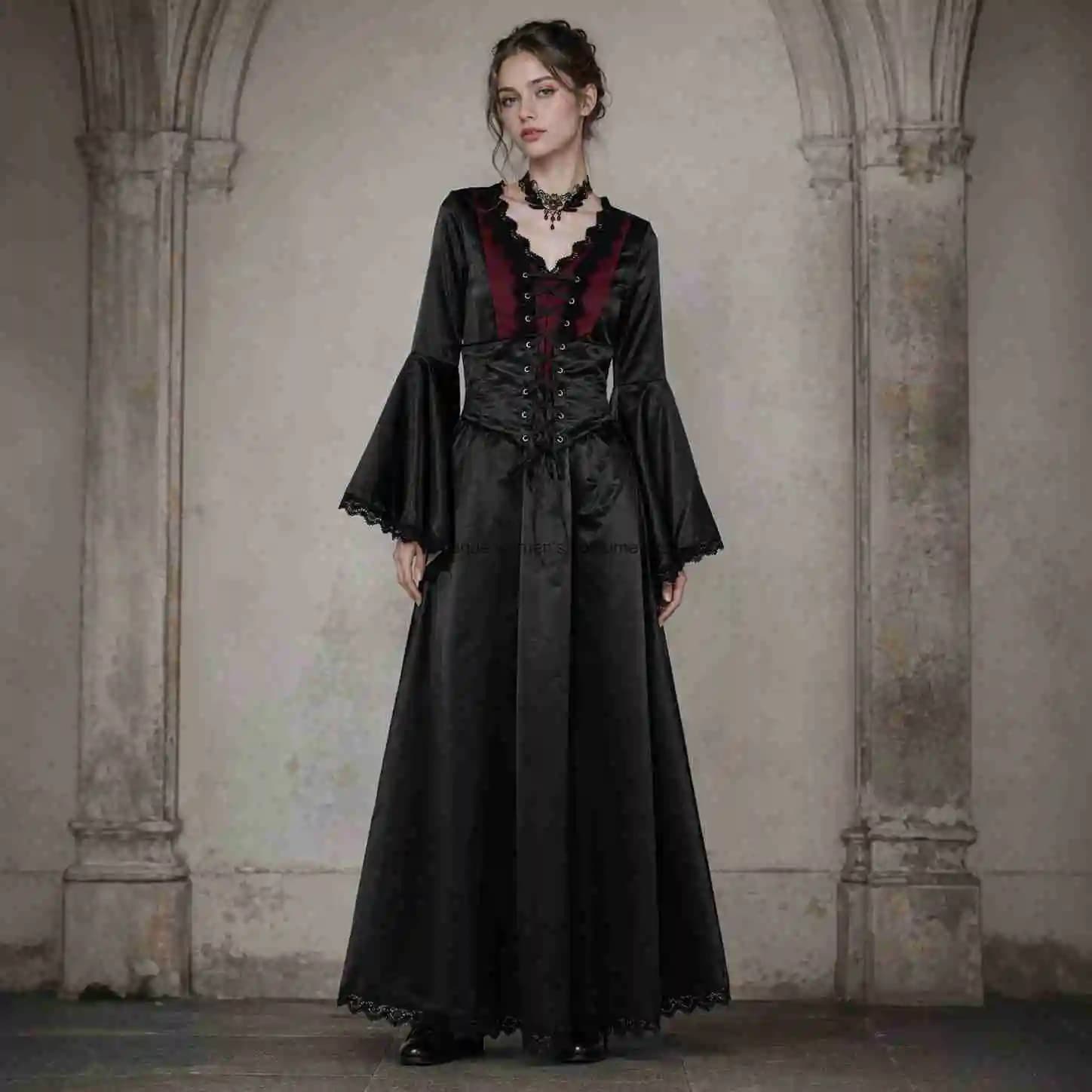 Halloween Cosplay Gothic Medieval Dress Black Red Color Block Lace-Up Bell Sleeve Performance Costume Women's Long Dress Gown