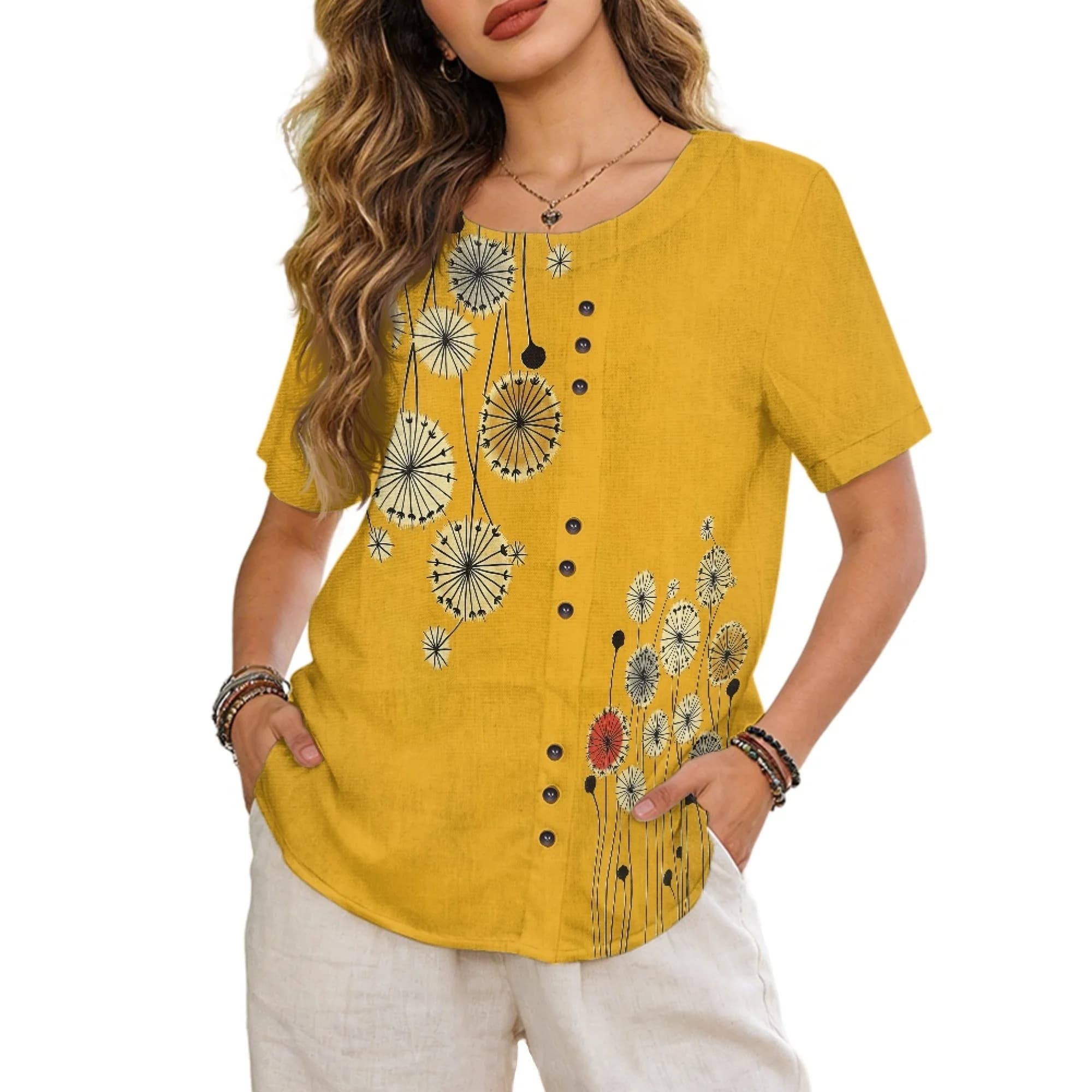 INSTANTARTS Women's Linen Short-Sleeved Shirt Summer Elegant Short Sleeve Blouses Loose Fit Crew Neck Button Shirts S-3XL