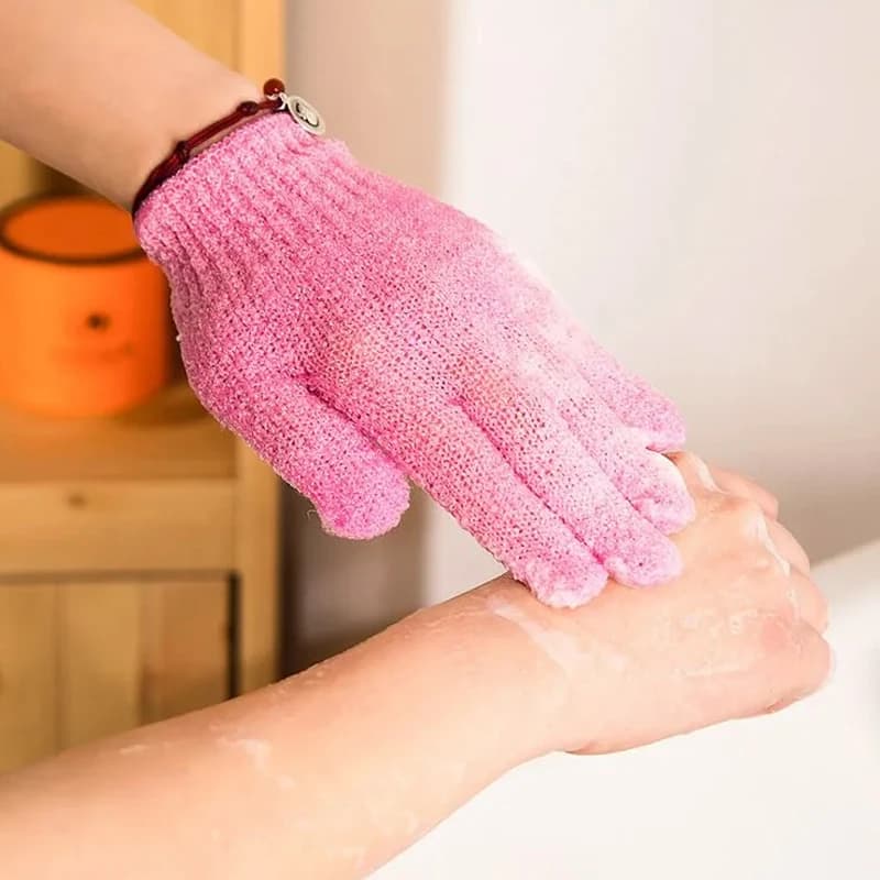 Guanti da bagno rosa a cinque dita Guanti per la casa Asciugamano da doccia Scrub Lavaggio del corpo Elastico per pulire le schiena Guanti da bagno per la pulizia